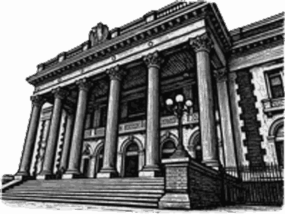 Engraving of the Dallas Scottish Rite Cathedral's Corinthian portico and front steps.